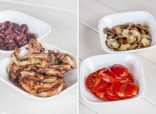 Simple ingredients for a grilled chicken and feta pizza